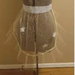 Vintage Sheer Net Apron, 1950s, Flocked Flowers, Ric Rac, Costume, Mid-Century